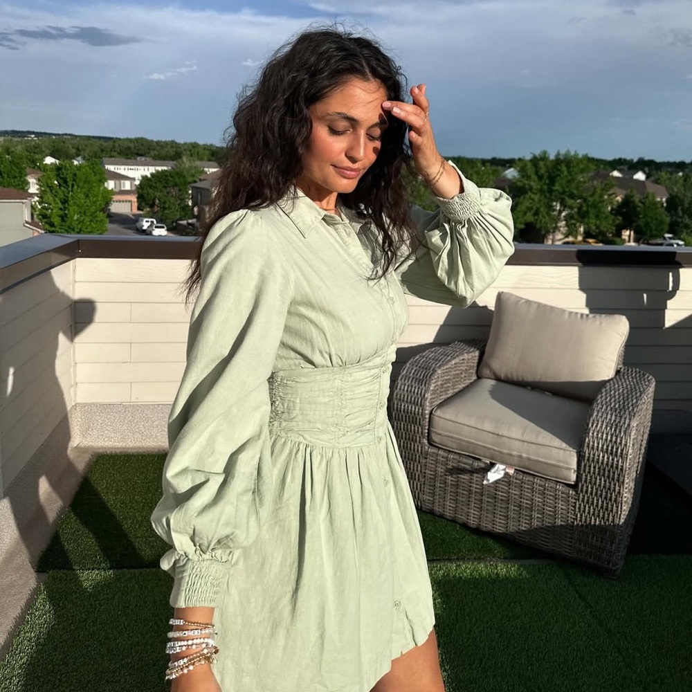 Anthropologie Sovere Refresh Mini Dress in Light Green Cotton Linen Blend XS